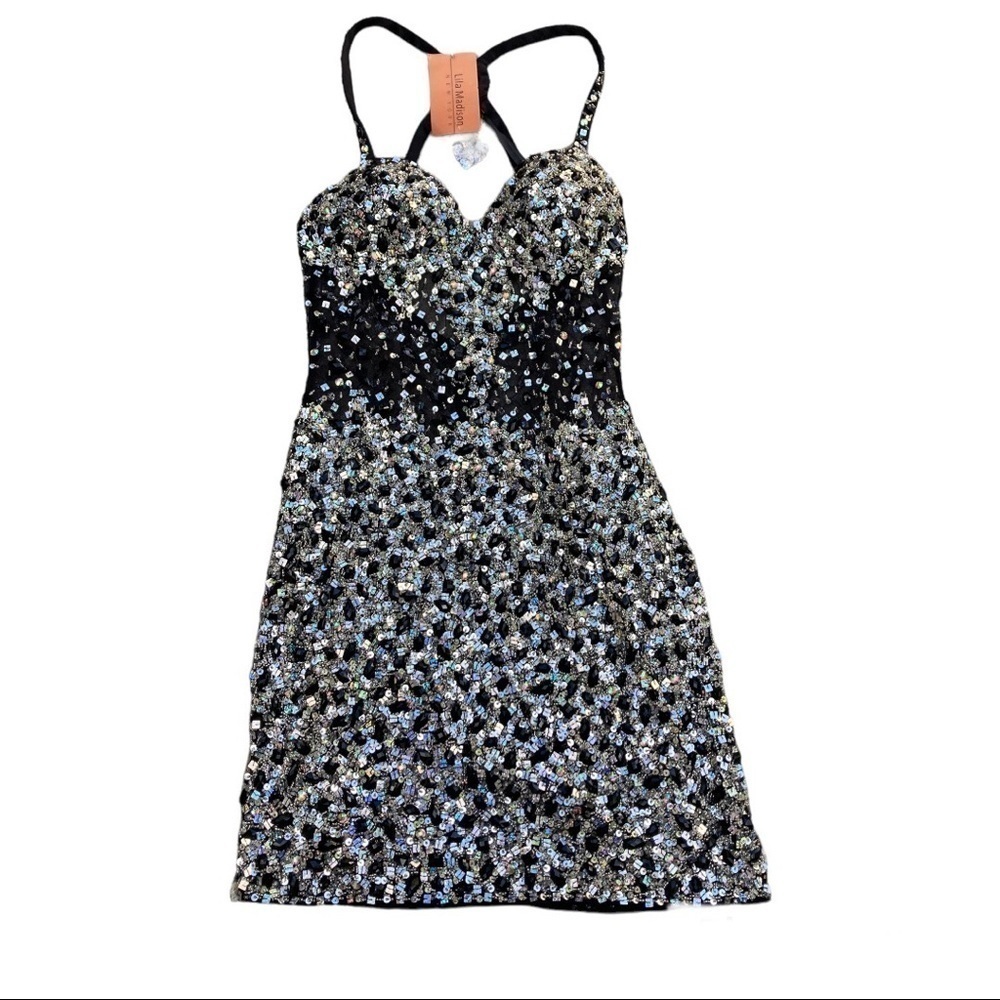 NEW w/tags Lila Madison New York Sequins Beads Black Silver SPARKLE Party Dress